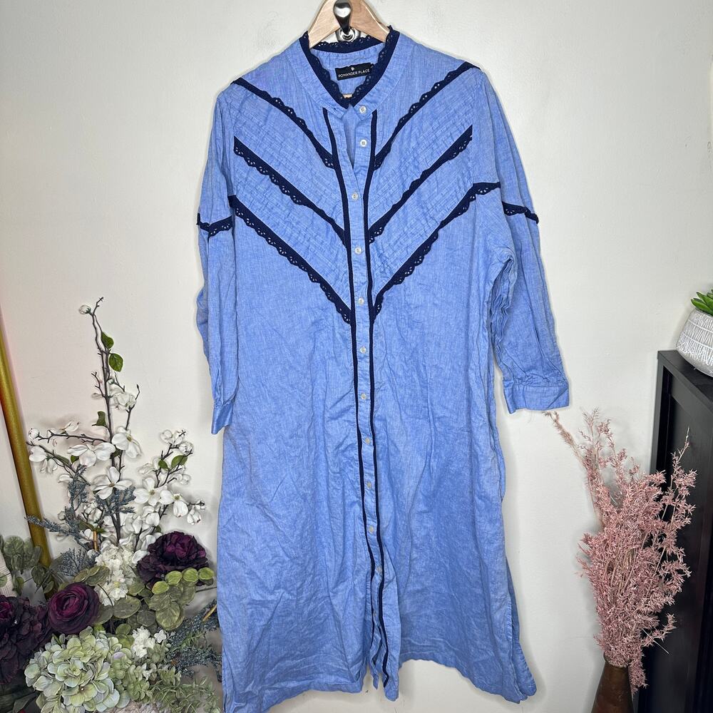 Tuckernuck Light Blue Maxi Shirt Dress with Navy Trim - Picture 6 of 9